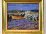 an oil painting of a lavender field with a church in the distance