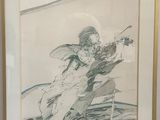 dessin encadré représentant un homme jouant de la guitare, assis sur une chaise