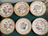 six assiettes ornées de fleurs, posées sur une table verte