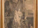 a painting of a woman and two children in a room with a dog
