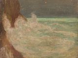 an image of a painting of a person on a surfboard in the ocean