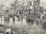 a black and white drawing of a river with a castle in the background