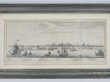 an old drawing of a view of a city with boats