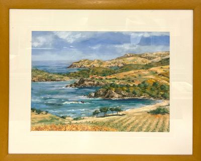 aquarelle encadrée représentant une vue sur l'océan et les collines
