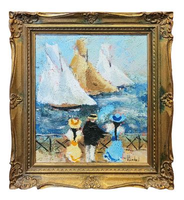 painting of a couple on the beach with sailboats in the background