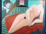 un tableau représentant une femme nue assise sur un canapé