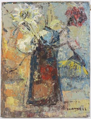 painting of a vase with flowers in it on a table