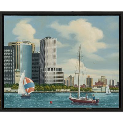 tableau représentant un voilier sur l'eau, avec une ville en arrière-plan