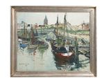 un tableau représentant des bateaux dans un port, avec une église en arrière-plan