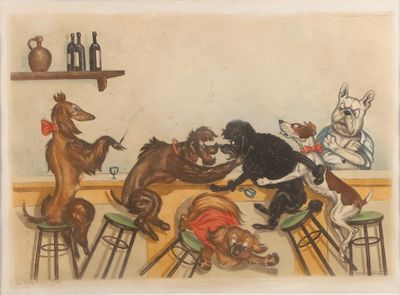 un tableau représentant des chiens qui jouent ensemble dans un bar