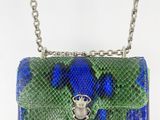a green and blue snake skin purse with a silver chain