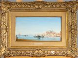 an oil painting of a boat in a body of water with a city in the background