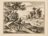 dessin représentant un paysage avec un homme et une femme au premier plan et un groupe de personnes au loin