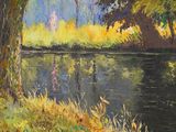 a painting of a river with a tree in the foreground