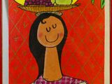 a painting of a woman with a basket of fruit on her head