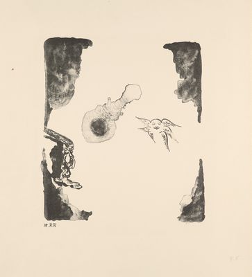 an image of a black and white drawing of a man and a bird