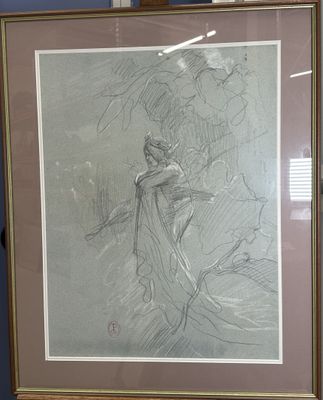 framed drawing of a woman in a long dress sitting on a chair