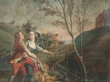 a painting of two people and a dog in a field