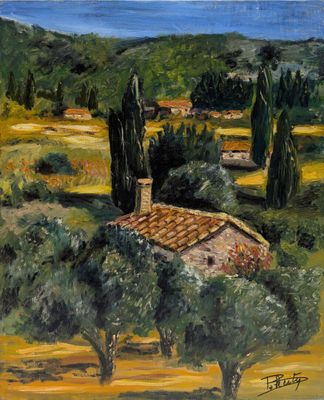 une peinture d'un paysage avec des arbres et une maison au loin