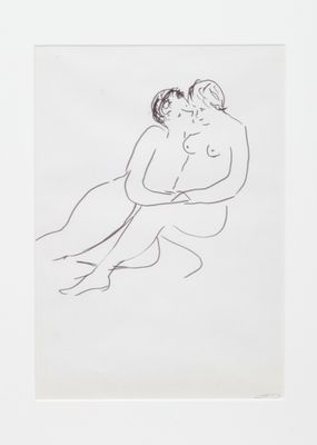 un dessin en noir et blanc représentant deux nus, dans un cadre blanc