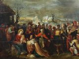 an oil painting of a group of people gathered around a man on a horse