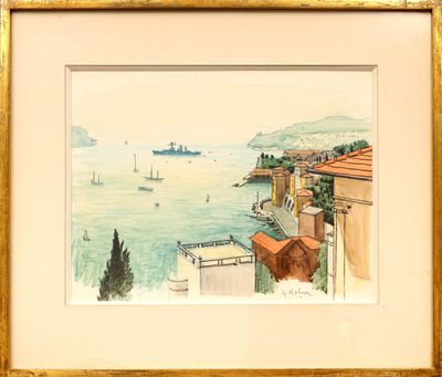 painting of a view of a harbor with boats in the water