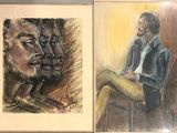 painting of a man sitting in a chair next to a painting of a man