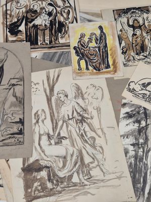de nombreux dessins représentant des personnes et des animaux posés sur une table
