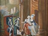 tableau représentant un groupe de personnes vêtues de costumes d'époque, debout devant une porte