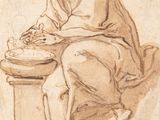 drawing of an old woman sitting at a table with a bowl of food