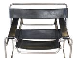 an image of a black leather and chrome chair on a white background