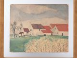 an image of a painting of a farm with a red roof and a fence