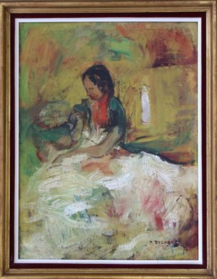une peinture à l'huile représentant une femme en robe blanche assise sur un canapé