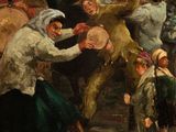 a painting of a group of people playing a game of frisbee