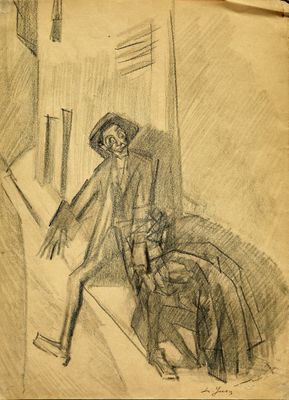 drawing of a man in a hat leaning against a wall next to a chair