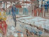 a painting of people walking down the street with umbrellas
