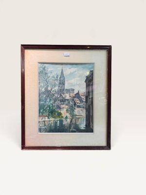 framed picture of a painting of a city with a church in the background
