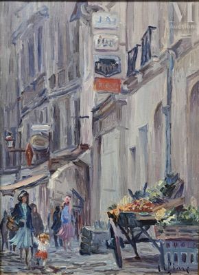 a painting of a street scene with people and a horse drawn carriage