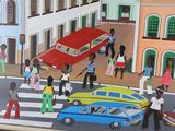 a painting of a street scene with people and cars
