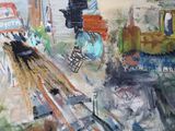 a painting of a train coming down the tracks