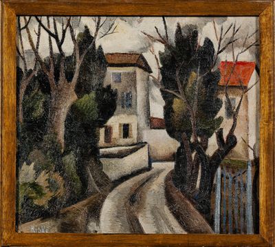 une image représentant une peinture d'une maison et d'arbres sur une colline