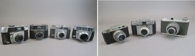 two pictures of a couple of old cameras sitting on a table