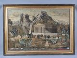 un tableau représentant un paysage de montagne avec un temple au premier plan