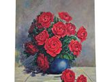 painting of red roses in a blue vase on a table