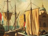 a painting of ships in a harbor with buildings in the background