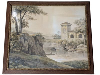 "Château en Bord de Rivière". Aquarelle encadrée.