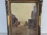 un tableau représentant une scène de rue avec des bâtiments et une calèche