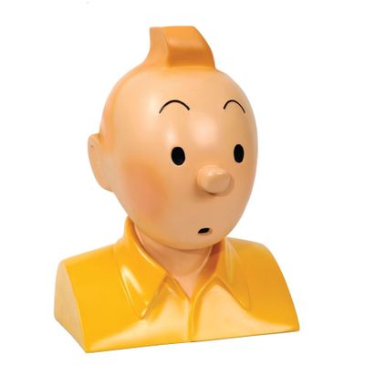 une tête d'homme en plastique jaune, portant une chemise jaune