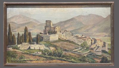 an oil painting of a castle on a hill with trees and hills in the background