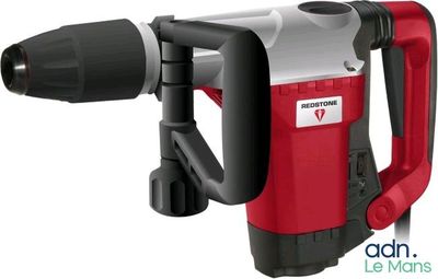 a close up of a red and black demolition hammer on a white background